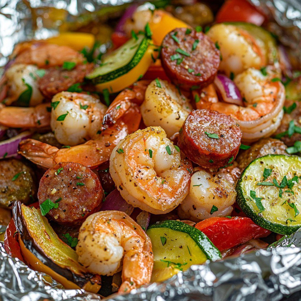 Grilled shrimp and sausage with zucchini and peppers in an aluminum foil packet.