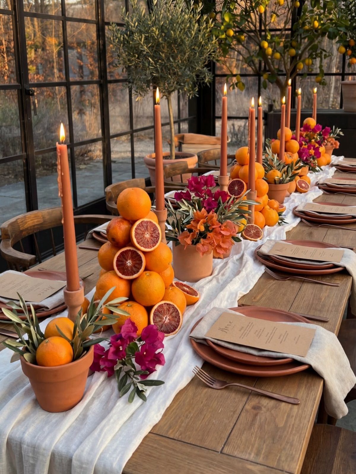 Wooden dining table decorated with citrus fruit pyramids, orange candles, and colorful flowers.