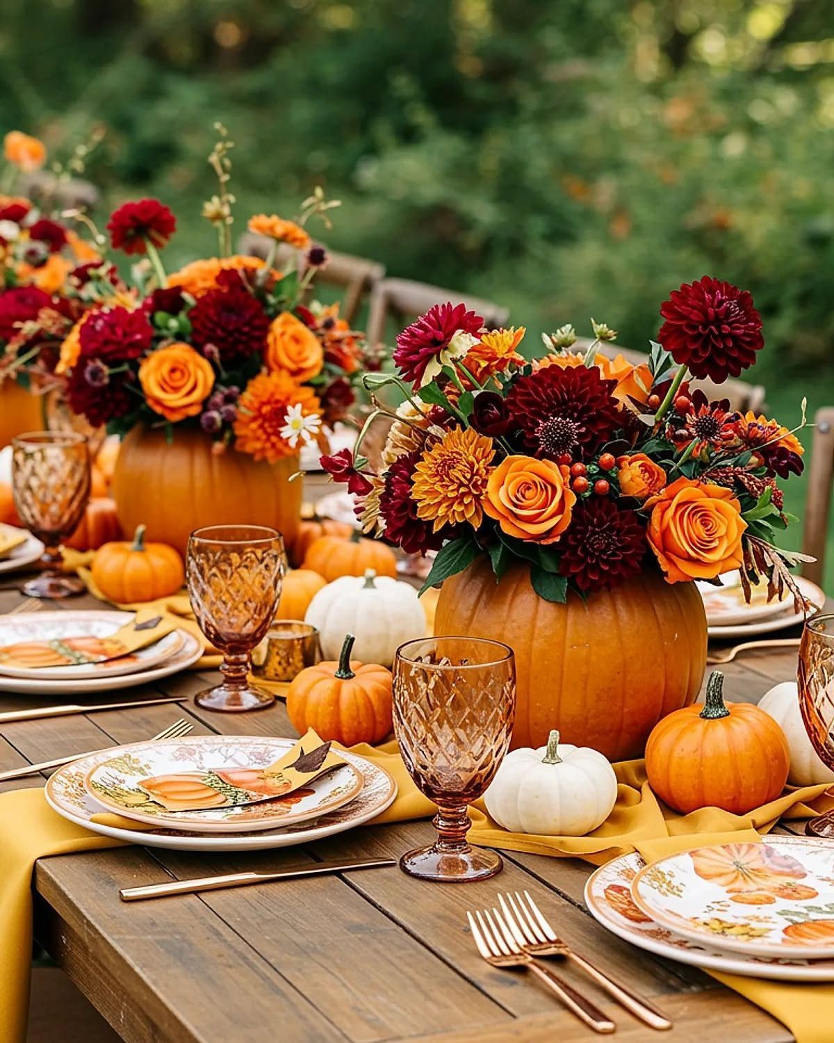 Autumn table setting with pumpkins used as vases for orange and red flowers.