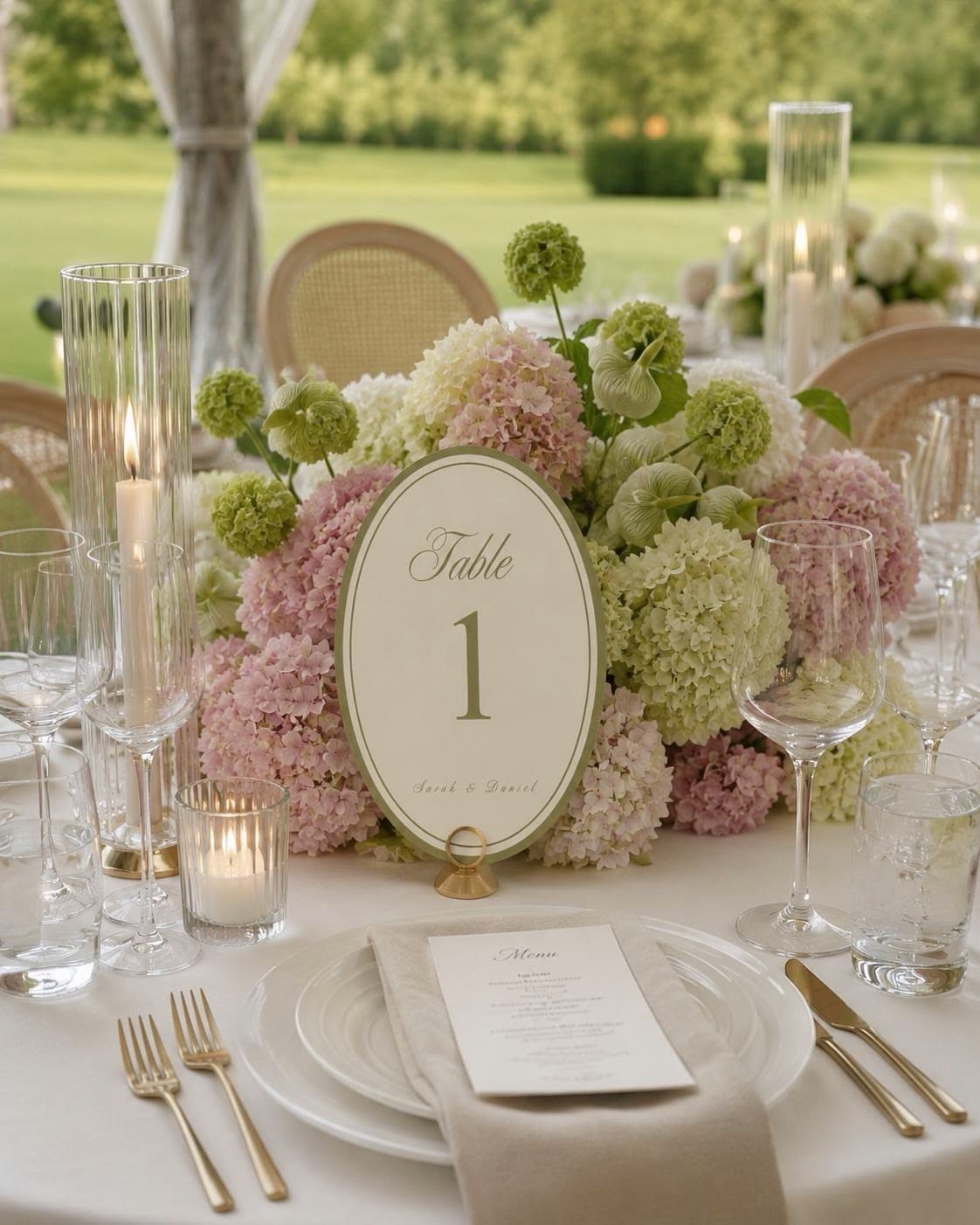 Oval table number one sign surrounded by pink and green hydrangea floral centerpieces.