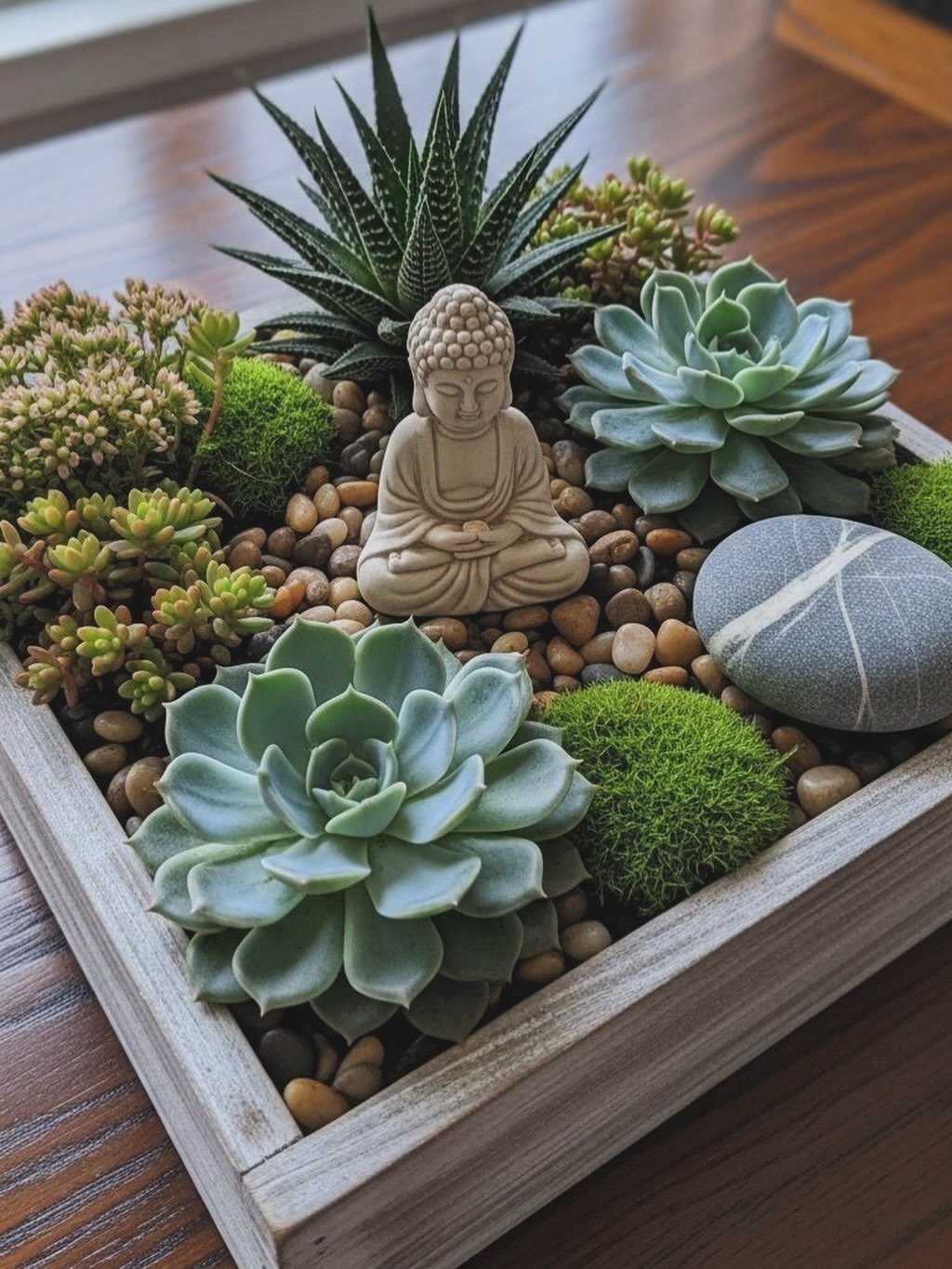 Succulent garden in a white wooden box with a small Buddha statue.