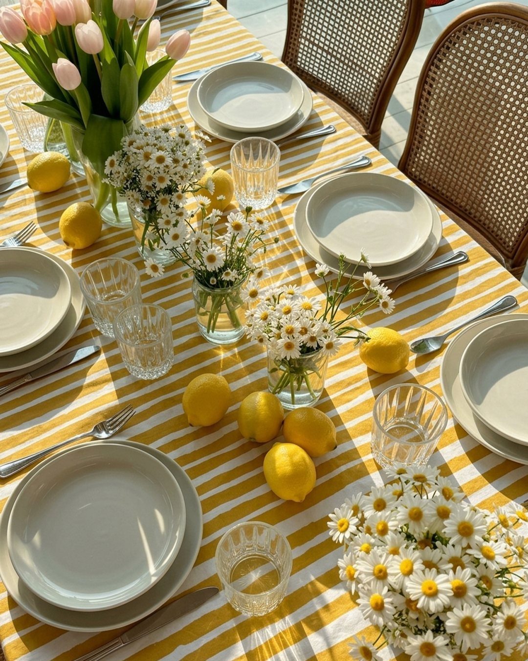 Dining table with pink tulips, white daisies in vases, and scattered yellow lemons.