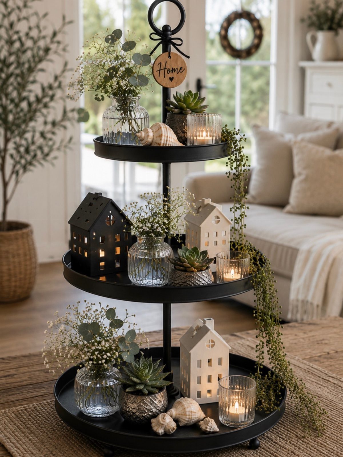 Three-tiered black stand with flowers, succulents, candles, and small house figurines.