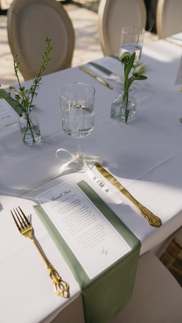 Table place setting with gold cutlery, green napkin, and a Kim B. place card.