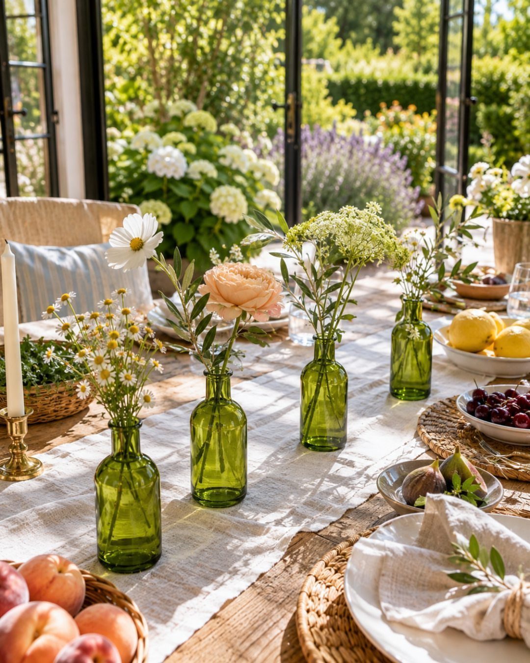 Wooden dining table set with green flower bottles, white plates, and fresh fruit.