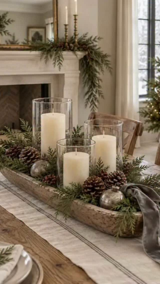 Wooden trough centerpiece with white pillar candles, pine branches, and pinecones on a table.