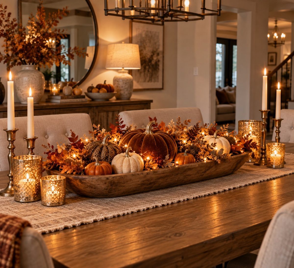 Autumnal table centerpiece with pumpkins and fall leaves in a wooden trough.
