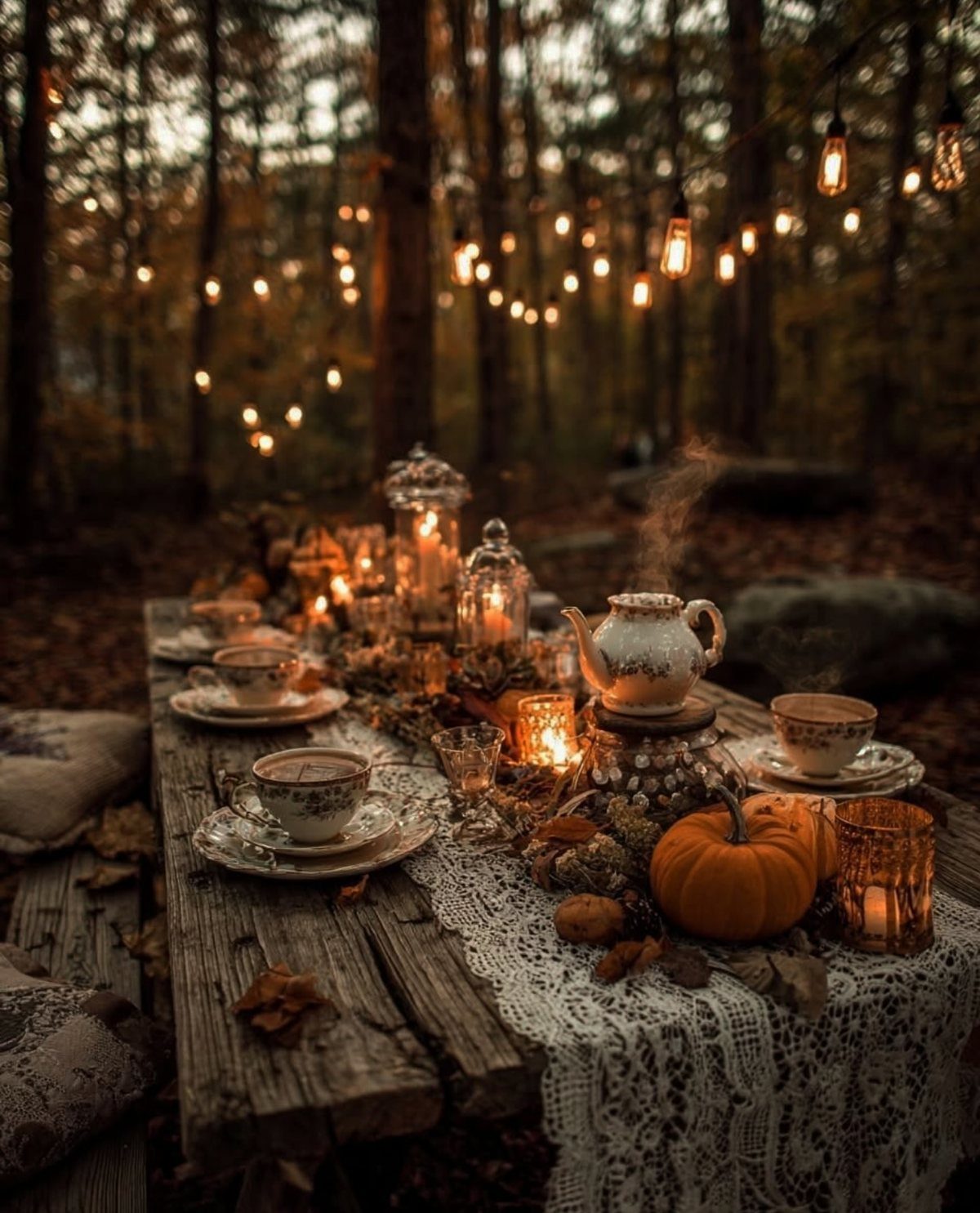 Autumn tea party table with pumpkin, candles, and teapot in a dark forest