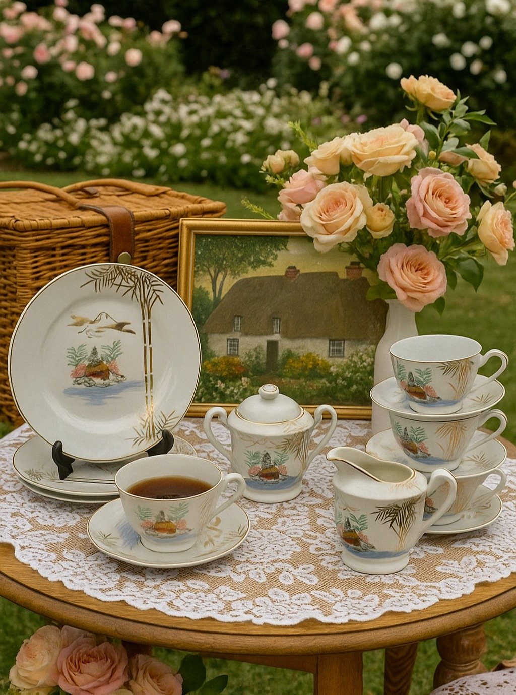 White porcelain tea set with gold accents on a lace-covered wooden garden table.