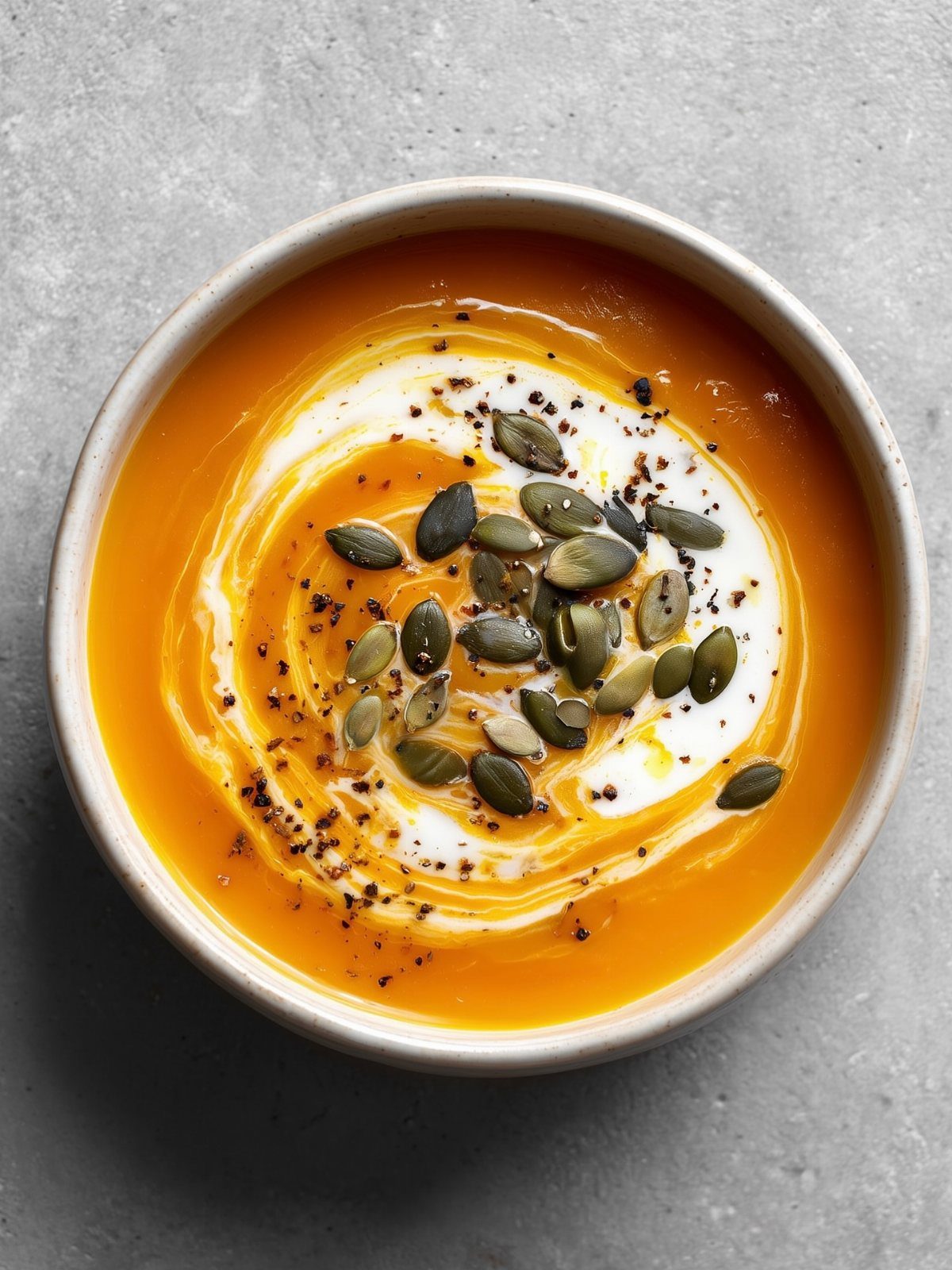 Orange butternut squash soup with a cream swirl and toasted pumpkin seeds.
