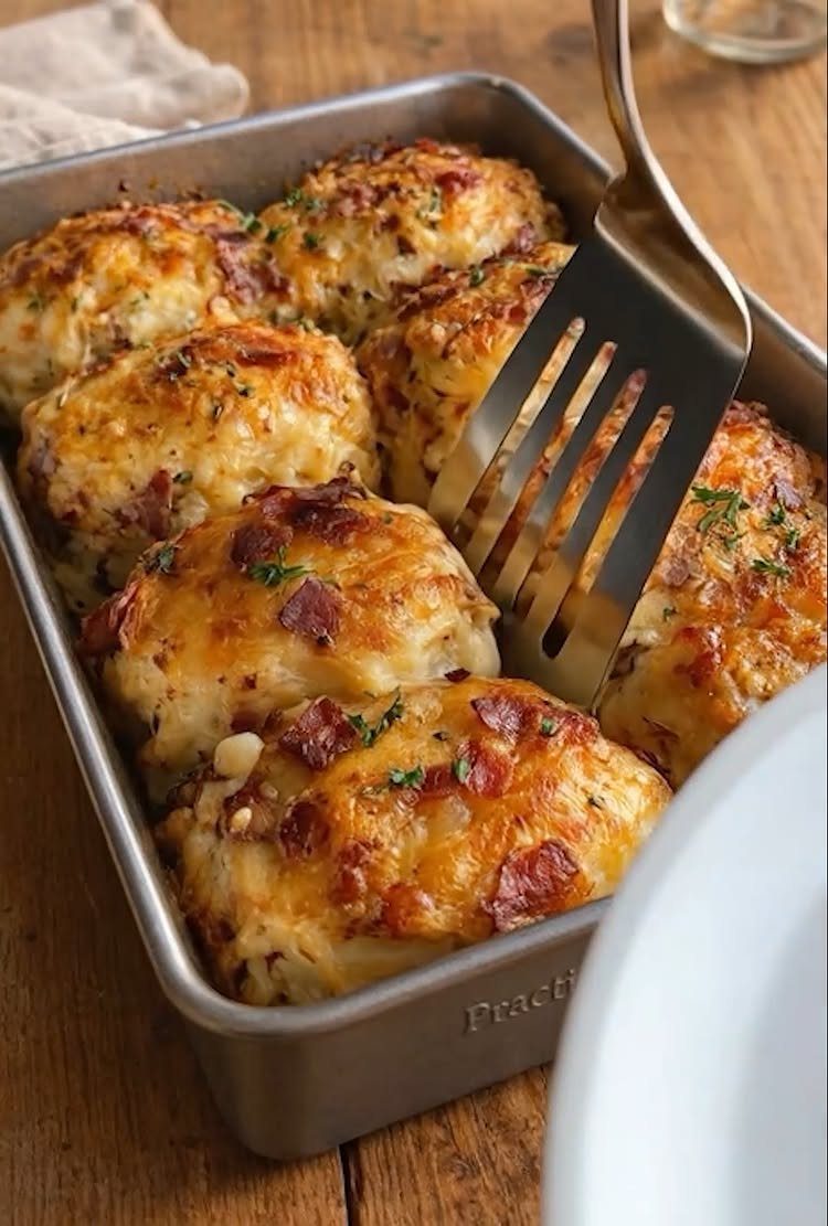 Cheesy bacon biscuits in a metal baking pan on a wooden table