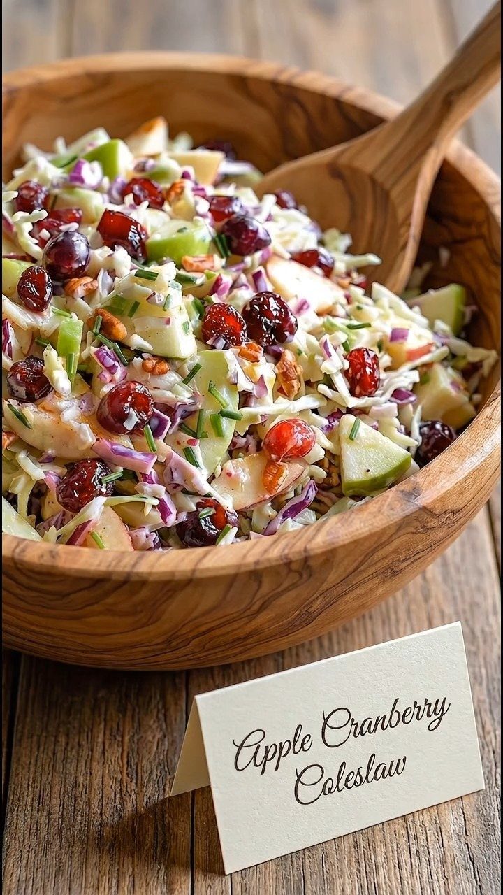 Apple cranberry coleslaw in a wooden bowl with a name card on wood.
