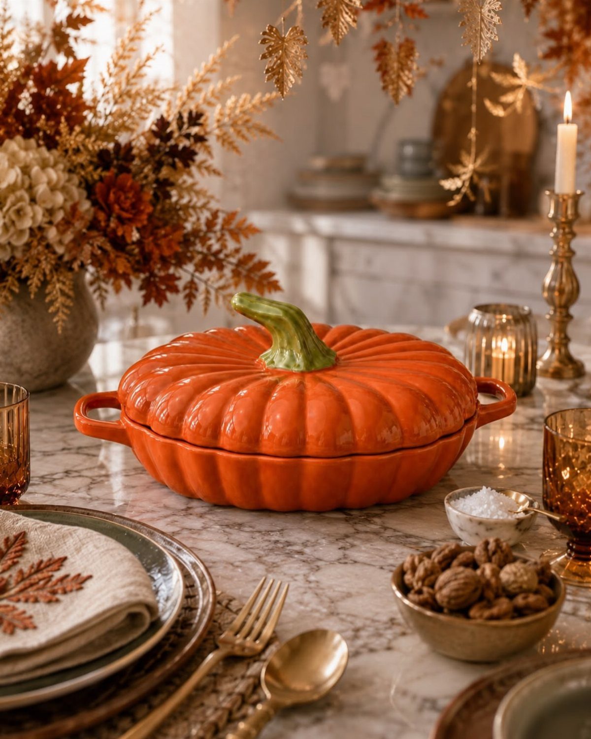 Pumpkin-shaped orange ceramic serving bowl on a marble table with autumn decorations.