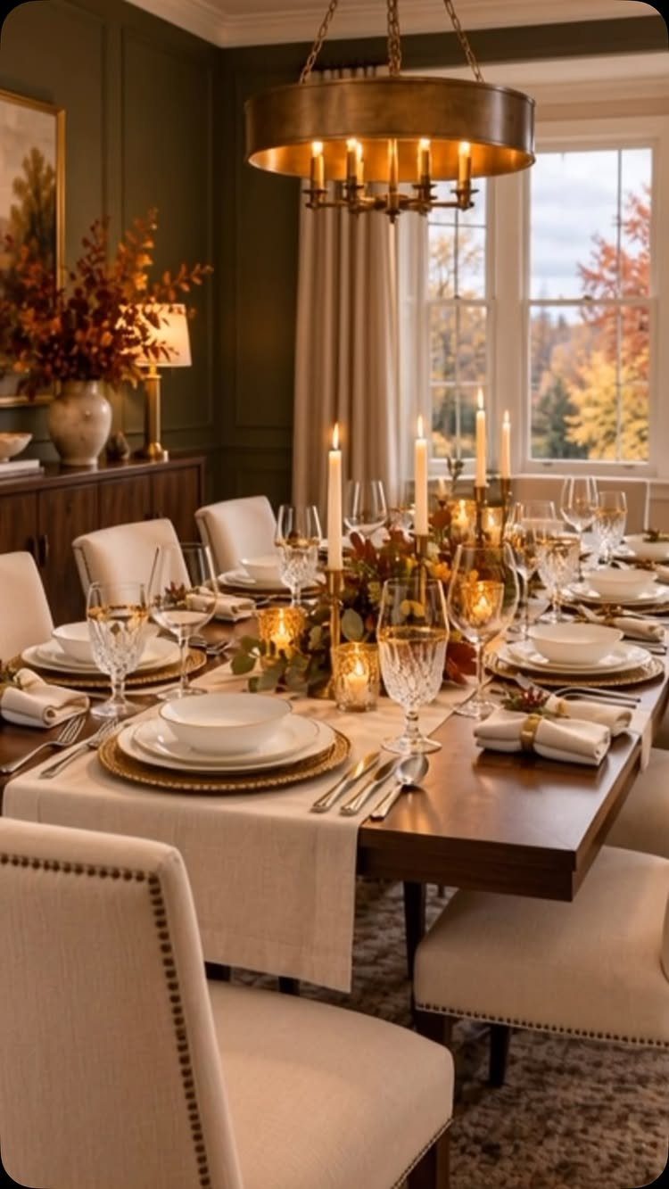 Elegant Thanksgiving table setting with gold chargers, white plates, and autumn leaf centerpiece.
