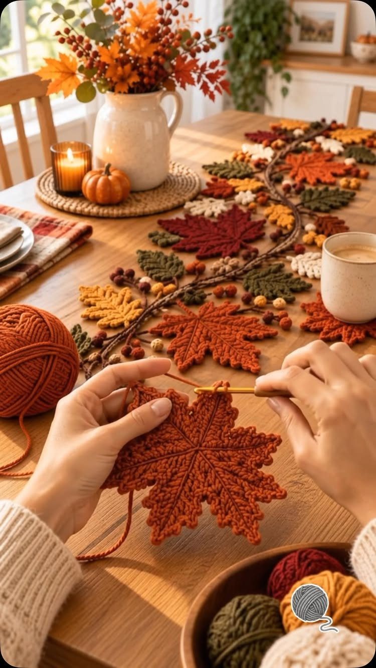 Hands crocheting an orange leaf on a table with a long autumn runner.