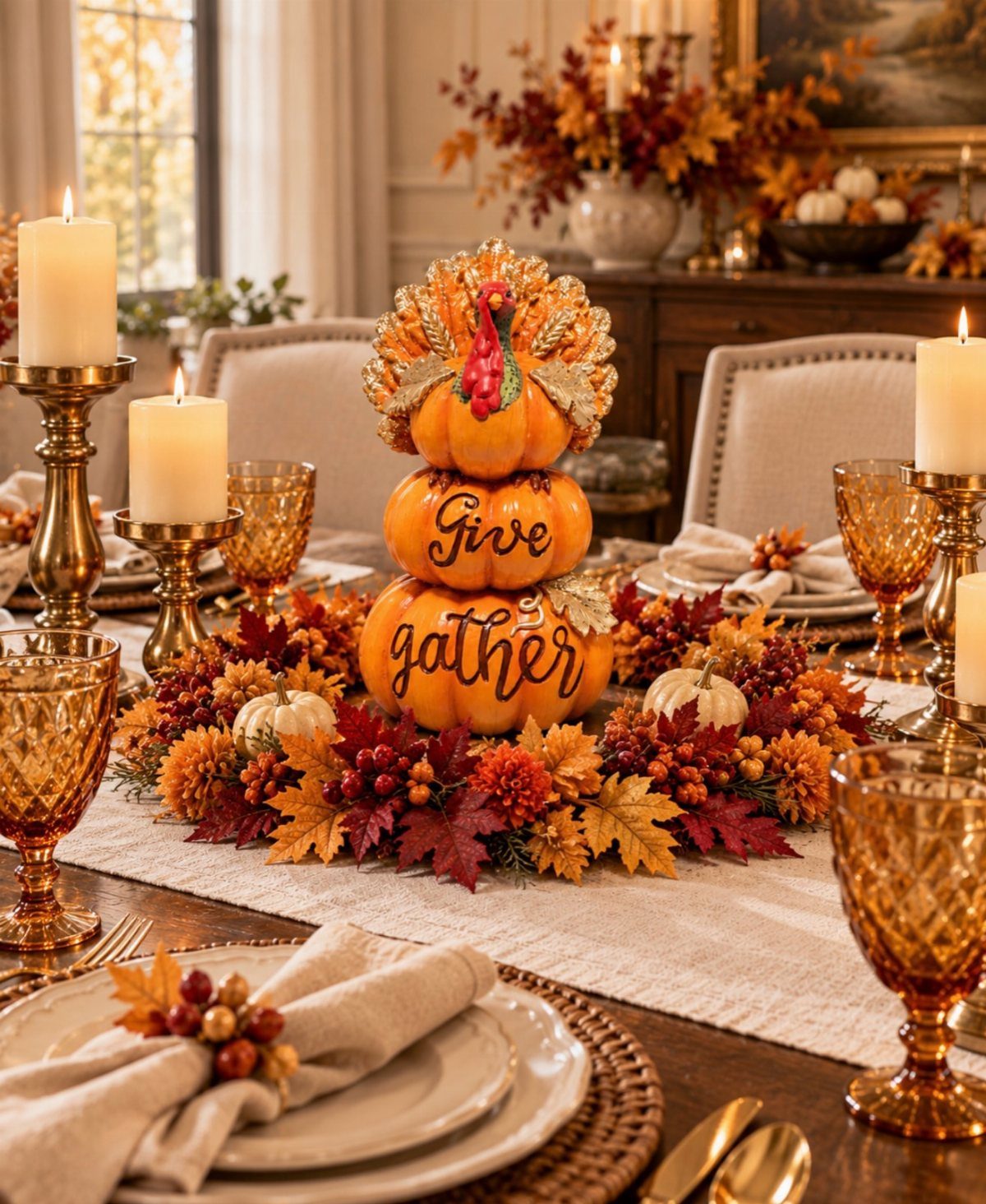 Stacked orange pumpkins with text and a turkey topper on a festive autumn table.