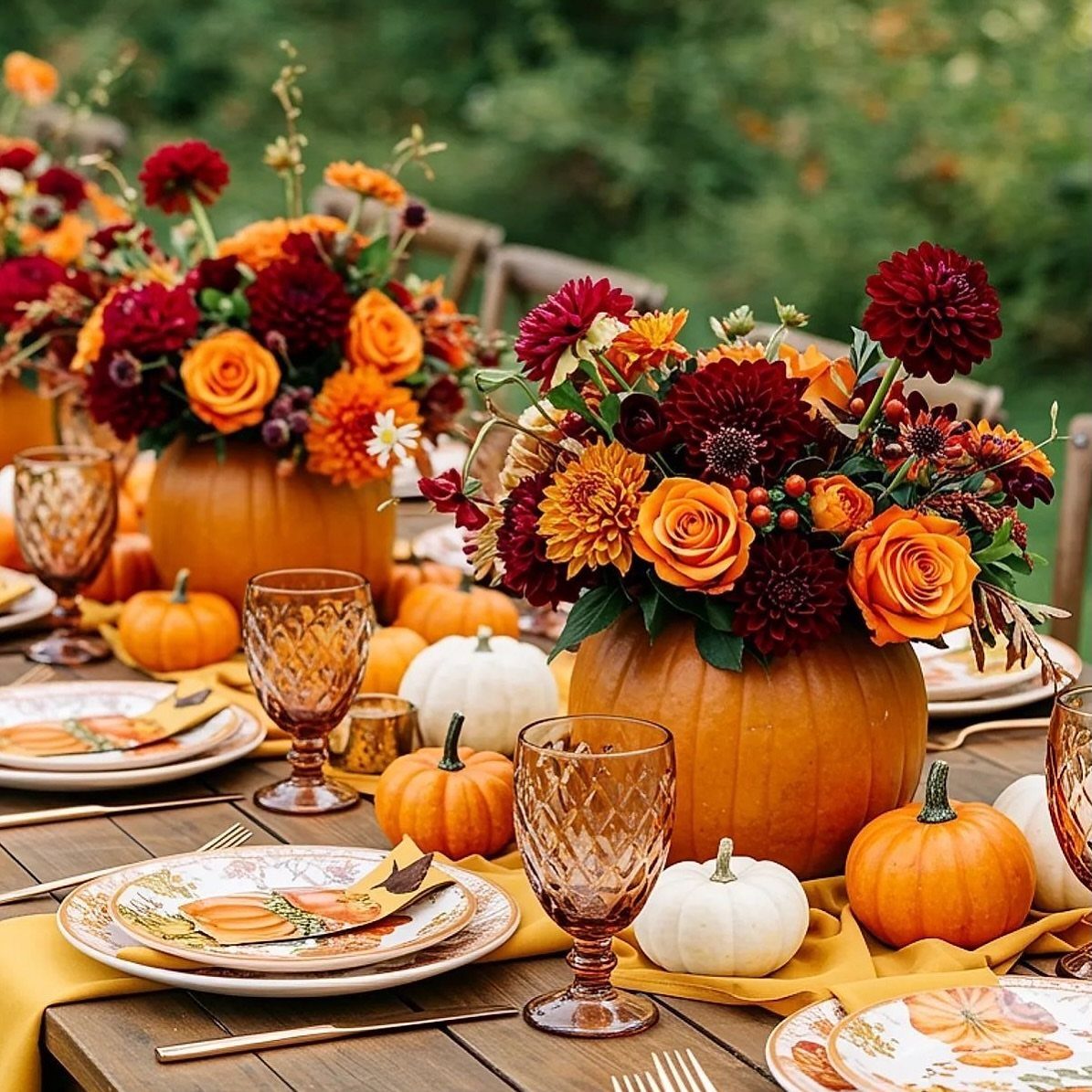 Autumn floral arrangements in pumpkin-shaped vases on a decorated Thanksgiving dining table.