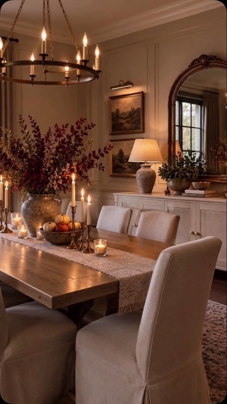 Wooden dining table decorated with lit taper candles, red autumn foliage, and neutral linens.