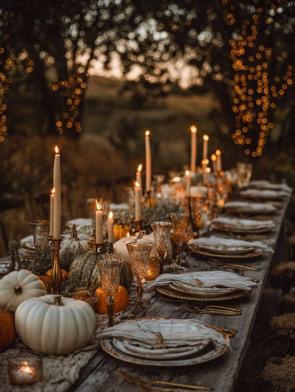 Outdoor Thanksgiving table setting with white pumpkins, gold plates, and lit taper candles.