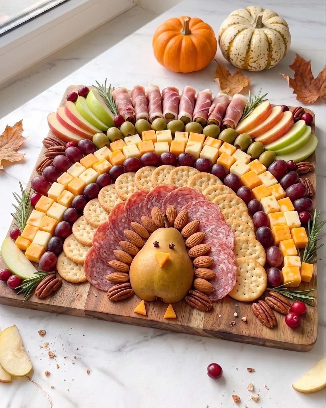 Turkey-shaped charcuterie board with a pear head, salami, cheese, and autumn pumpkins.