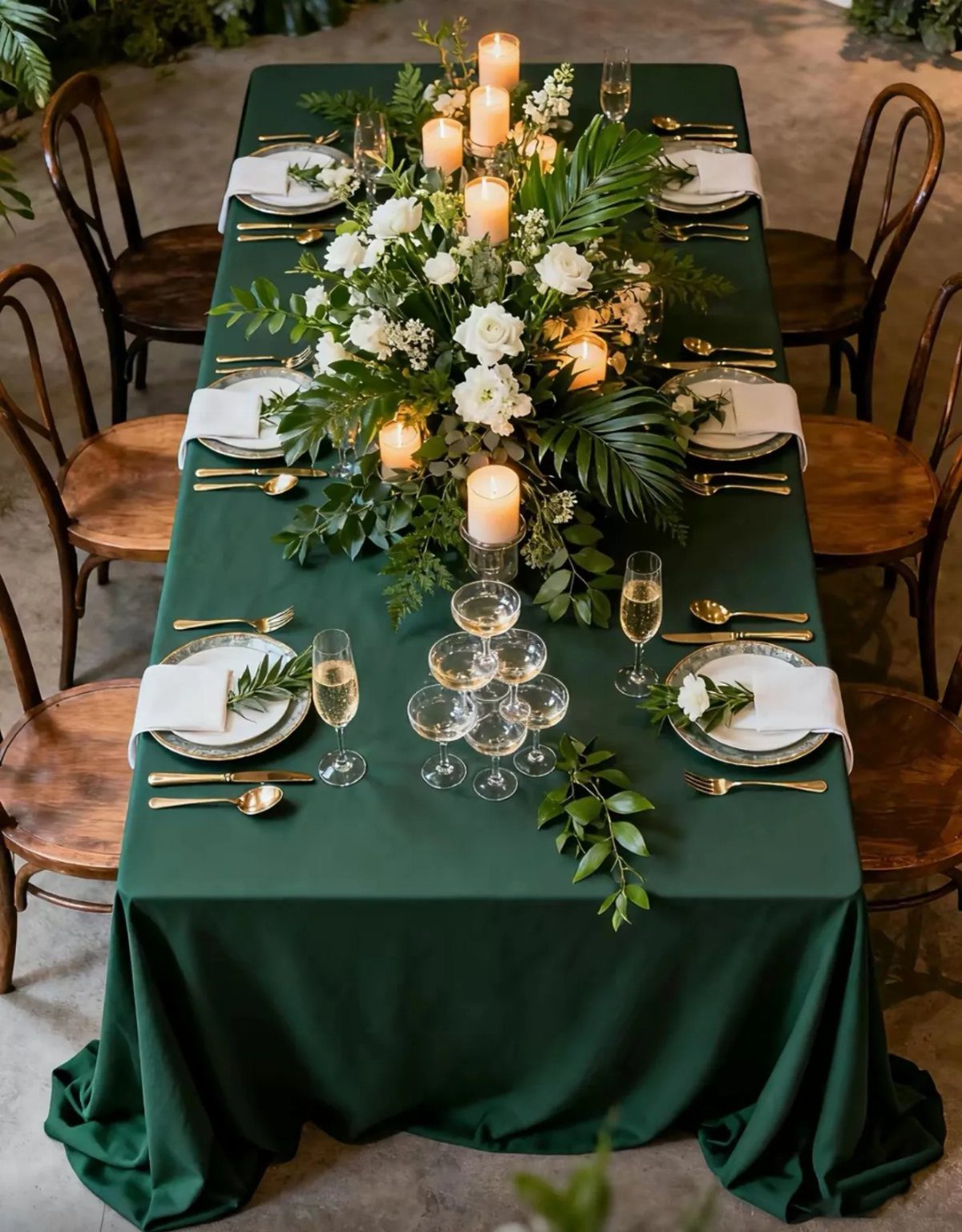 Dark green tablecloth with white floral centerpiece, gold flatware, and lit pillar candles.