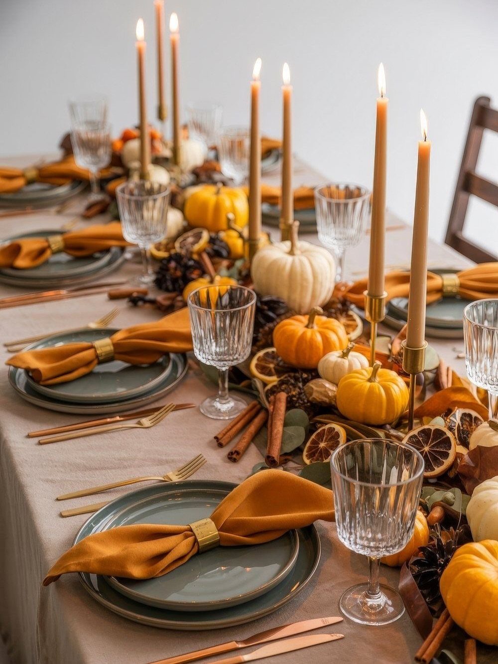 Thanksgiving table setting with orange napkins, pumpkins, cinnamon sticks, and lit taper candles.