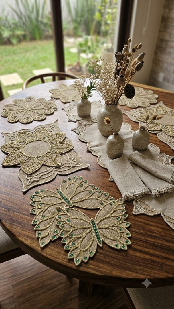 Beige linen table setting with butterfly and floral placemats and dried flower vases.