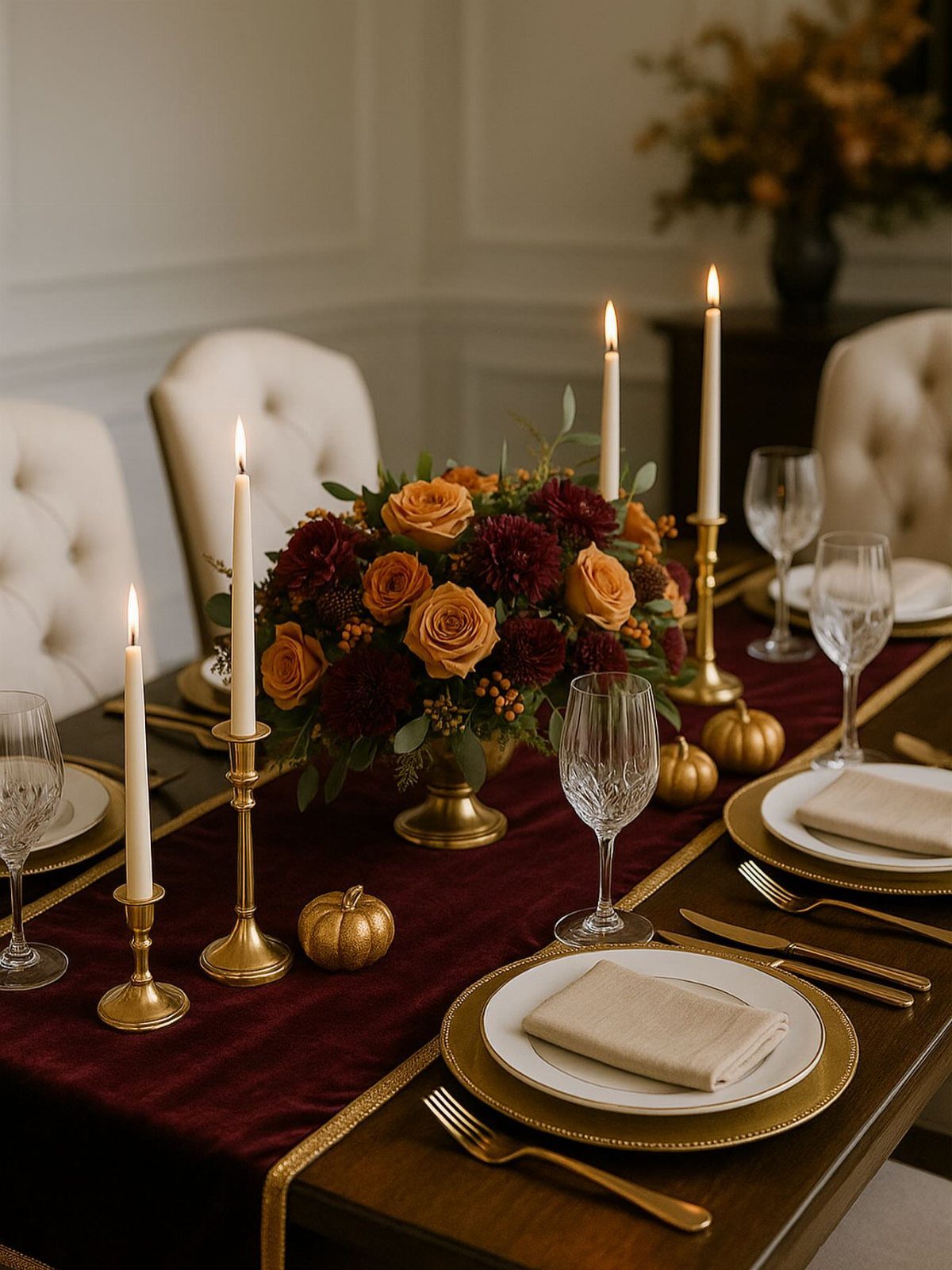 Burgundy velvet table runner with gold place settings, candles, and autumn floral centerpiece.