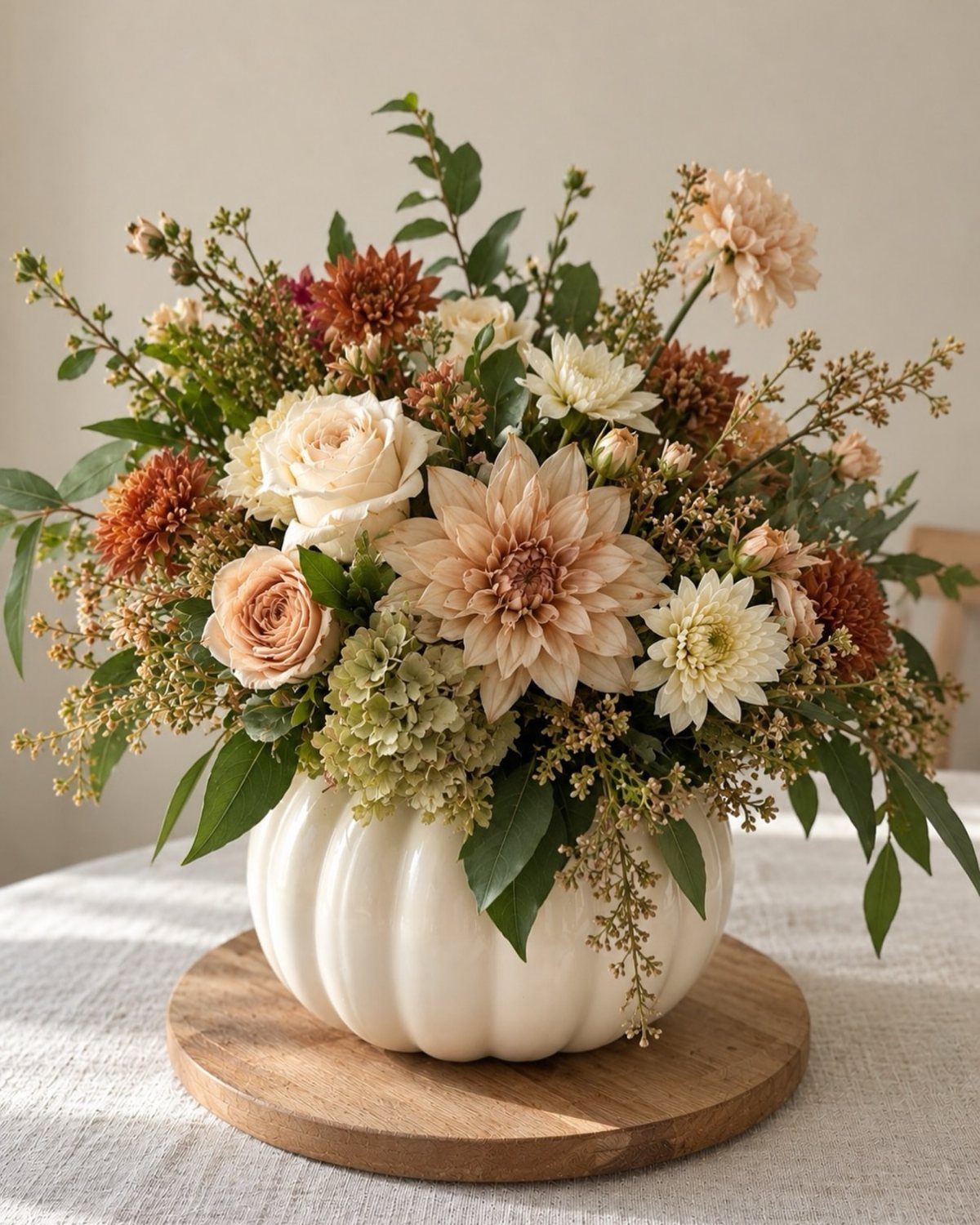 Floral arrangement of autumn blooms in a white ceramic pumpkin on a wooden pedestal
