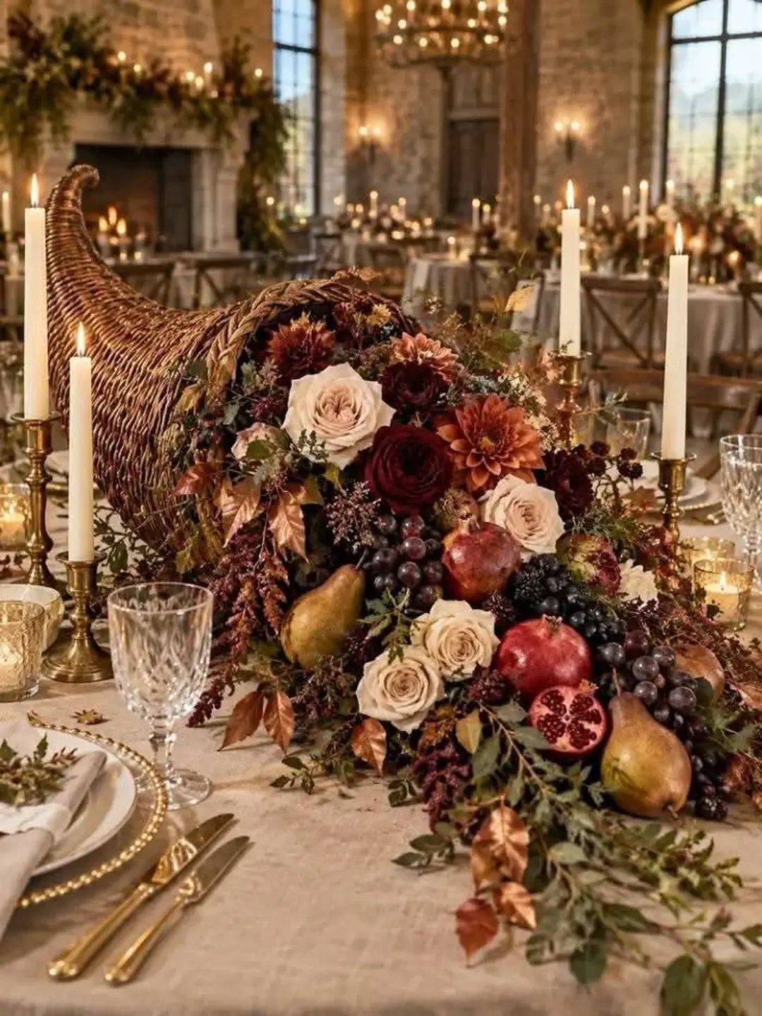 Woven cornucopia overflowing with autumn fruits and roses on an elegant dining table.