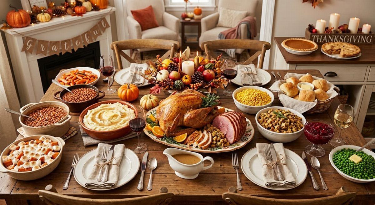 Roasted turkey and autumn side dishes on an elegantly set Thanksgiving dining table.