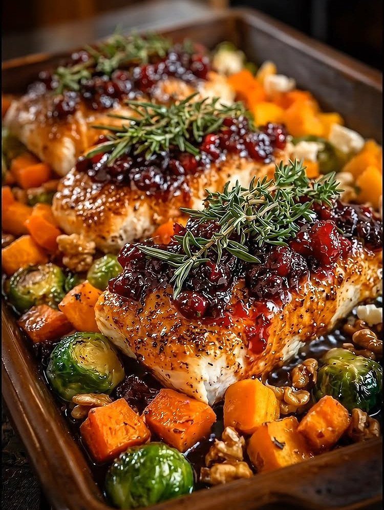 Seared white fish fillets topped with berry sauce and rosemary over roasted vegetables.