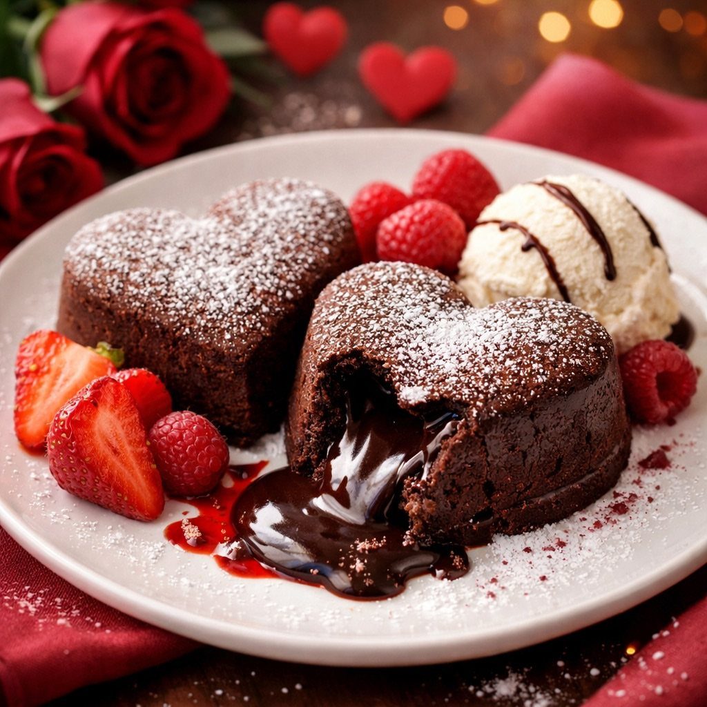 Heart-shaped chocolate lava cakes with molten center, vanilla ice cream, and fresh berries.