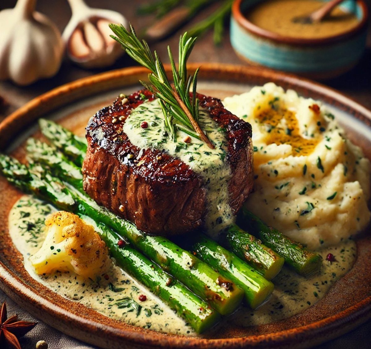 Filet mignon steak with herb sauce, mashed potatoes, and asparagus on a plate.