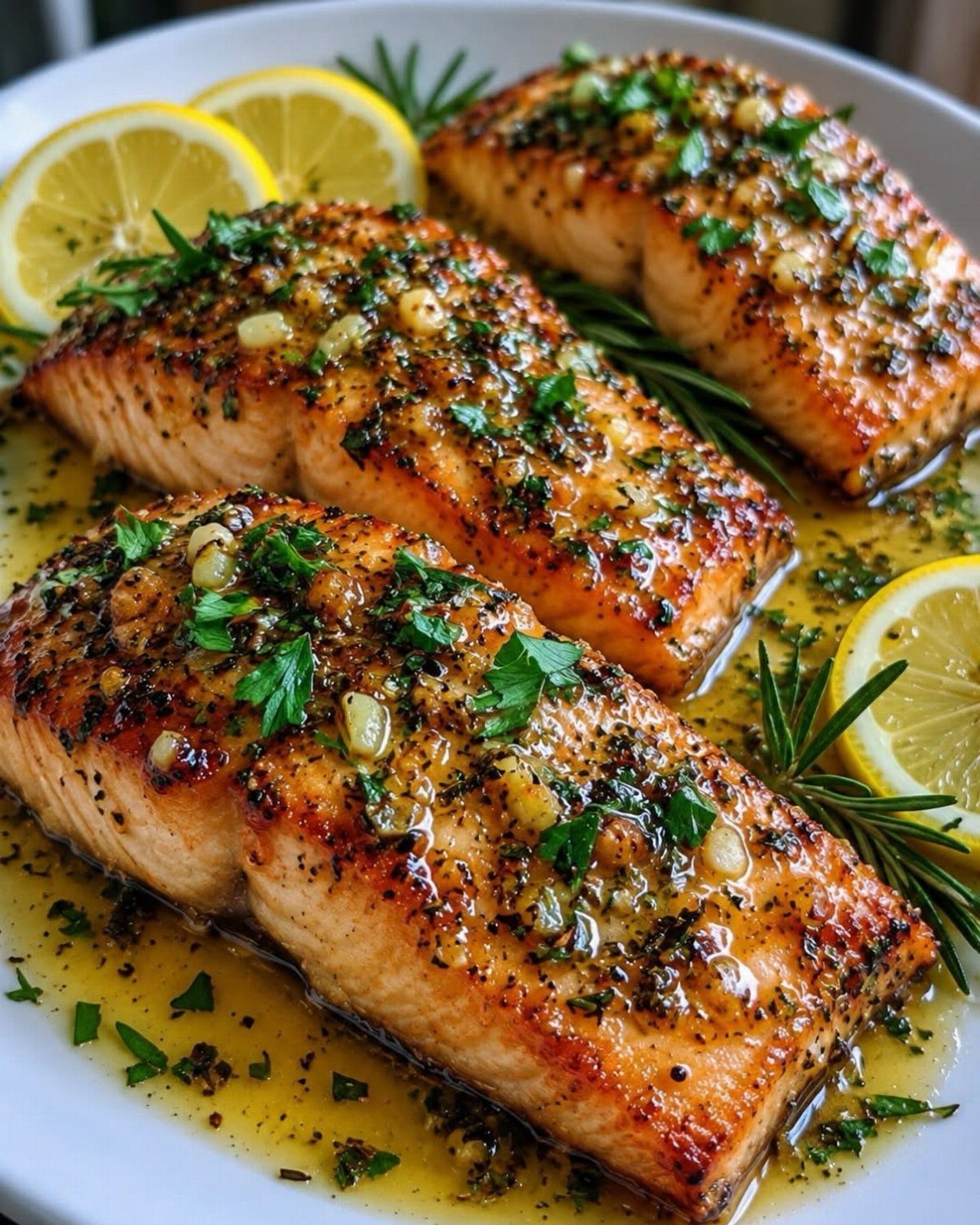 Salmon fillets topped with green pesto and garlic, served with lemon and rosemary.