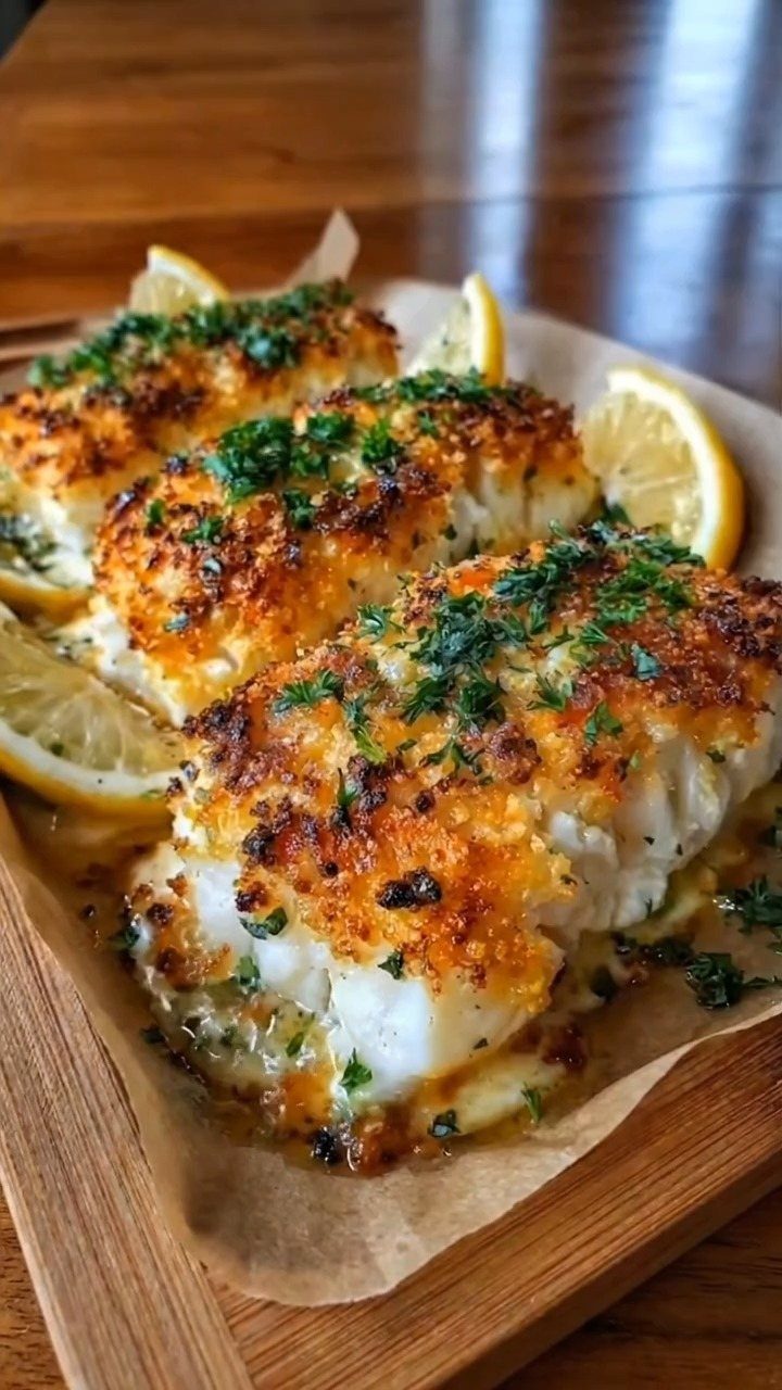 Baked white fish fillets with golden herb crust and fresh lemon wedges.