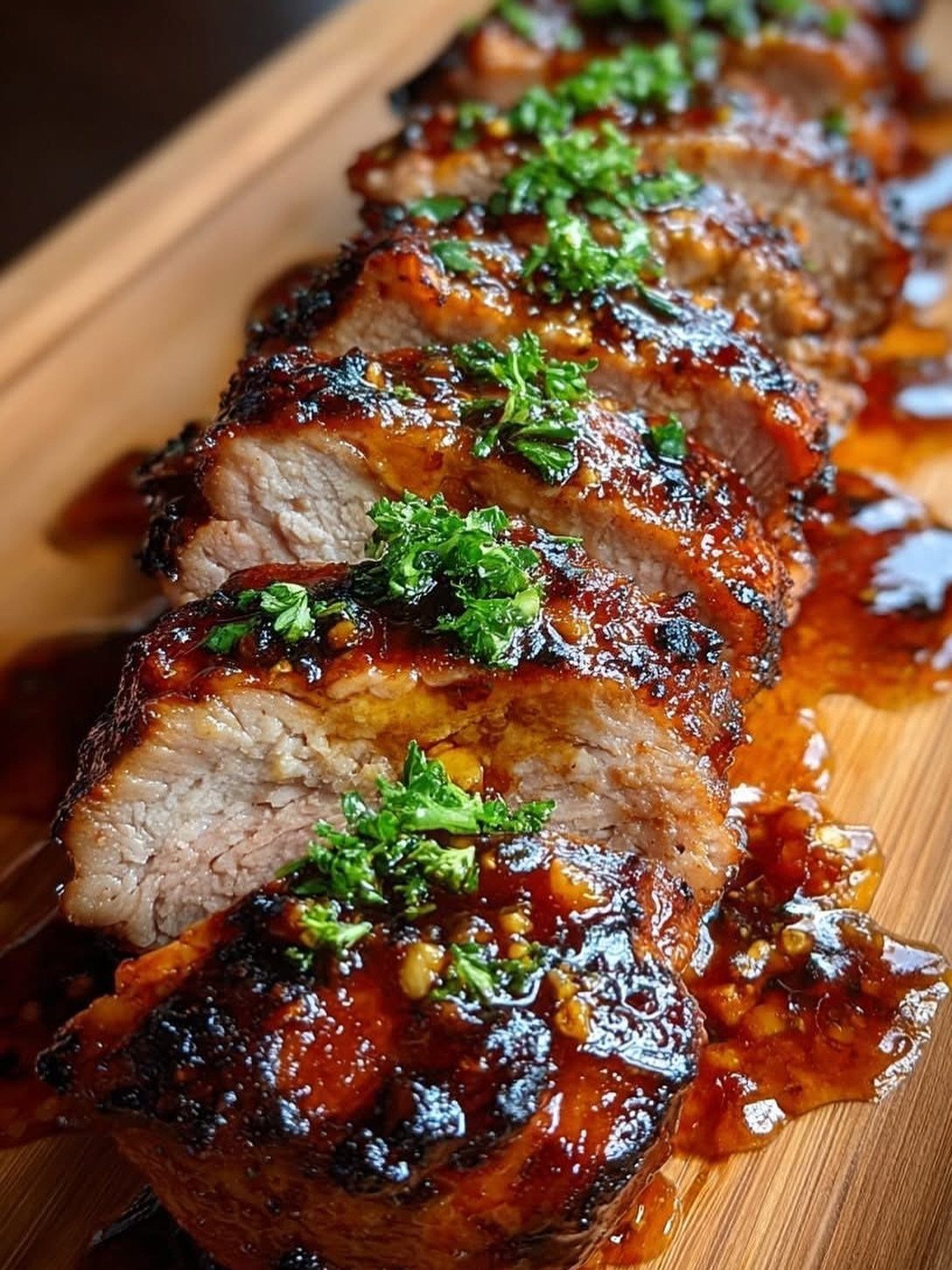 Sliced glazed pork tenderloin garnished with parsley on a wooden board.
