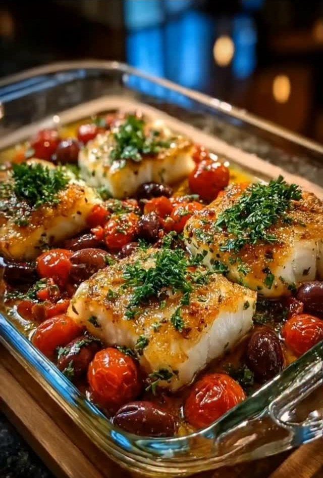 Seared white fish fillets with cherry tomatoes and olives in a glass baking dish.