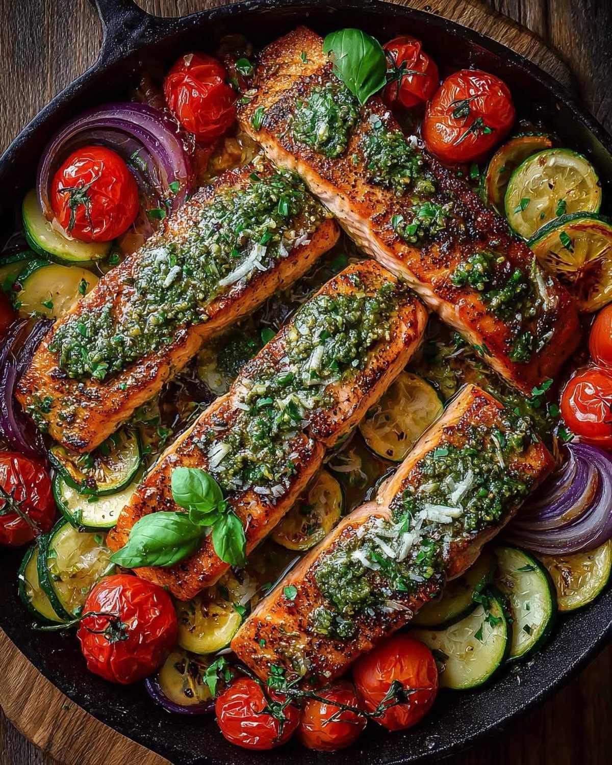 Pesto topped salmon fillets with roasted cherry tomatoes and zucchini in a skillet