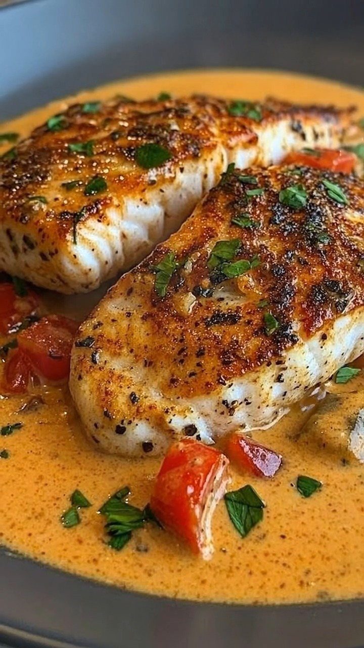 Two seared fish fillets in a creamy orange sauce with tomatoes and parsley.