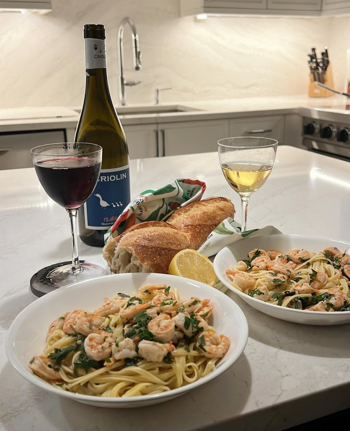 Shrimp scampi pasta with spinach and lemon served with wine and bread.
