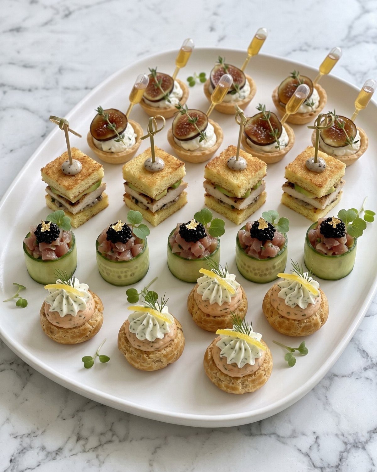 Assorted gourmet appetizers including fig tartlets, mini sandwiches, and tuna cucumber bites.
