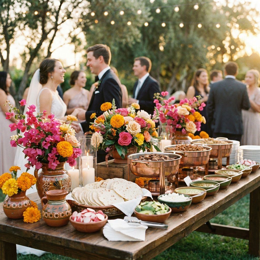 Taco bar with copper pots and colorful flowers at an outdoor wedding reception.