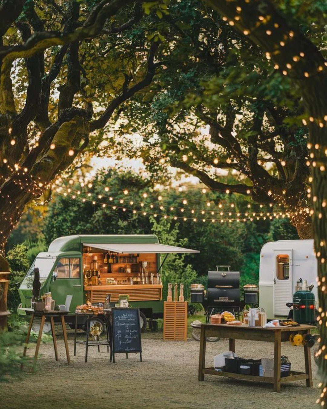 Green food truck and white trailer under glowing string lights in a garden
