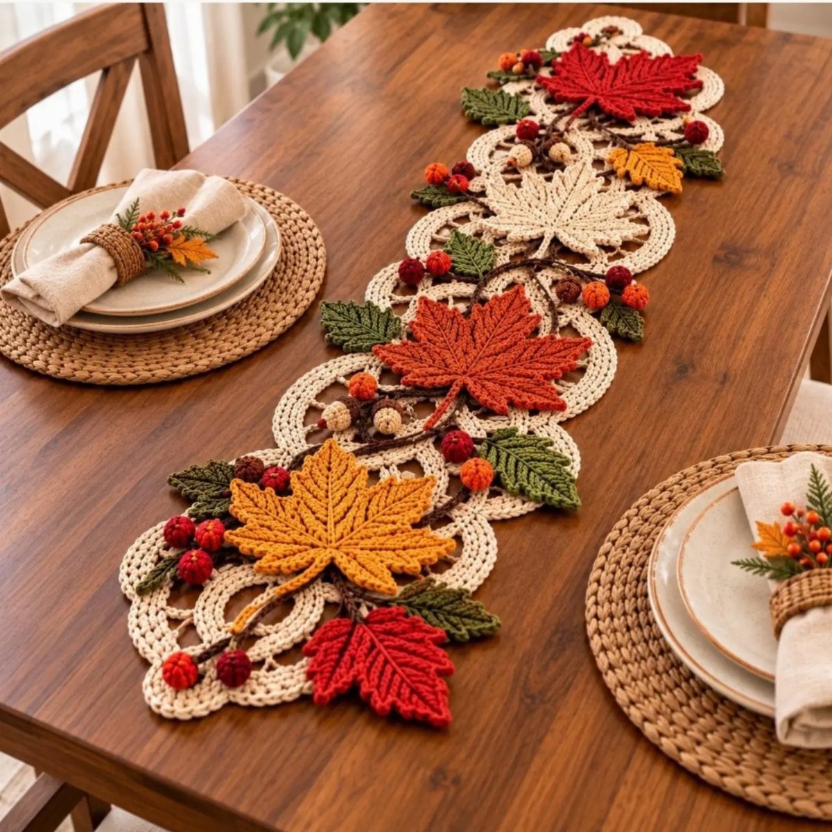 Wooden dining table with autumn leaf crochet runner and woven place settings.