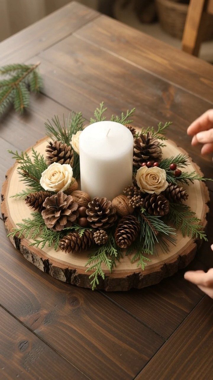 White pillar candle surrounded by pinecones and evergreen branches on a wood slice.