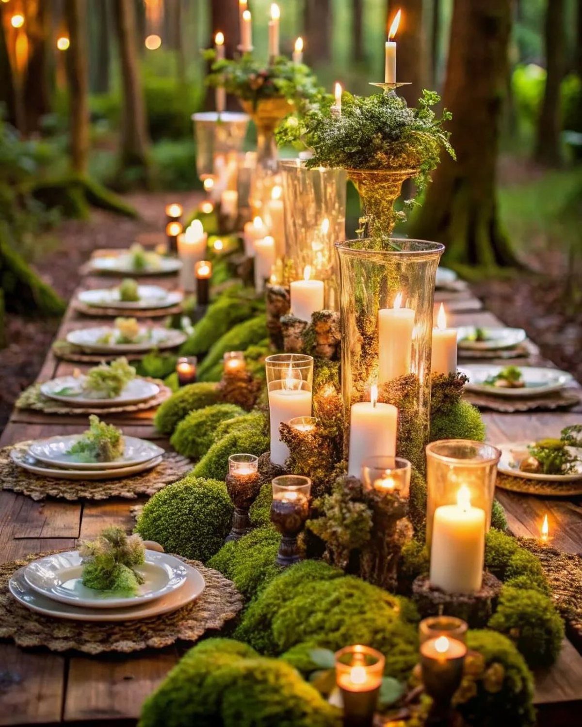 Wooden table set in a forest with moss runner and glowing white candles.