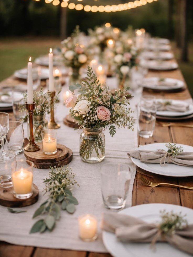 Wooden table setting with white plates, floral arrangements, and glowing candles outdoors.