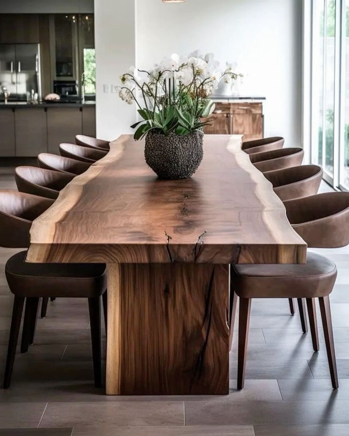 Live-edge wooden dining table with brown leather chairs and white orchid centerpiece.